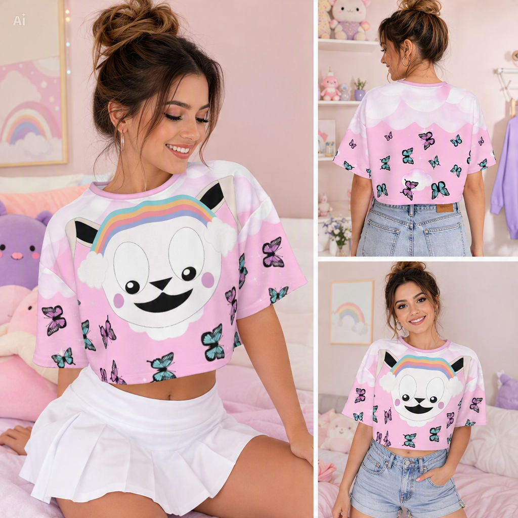 Pastel Rainbow Bunny Butterfly Crop Top | 190GSM Cotton