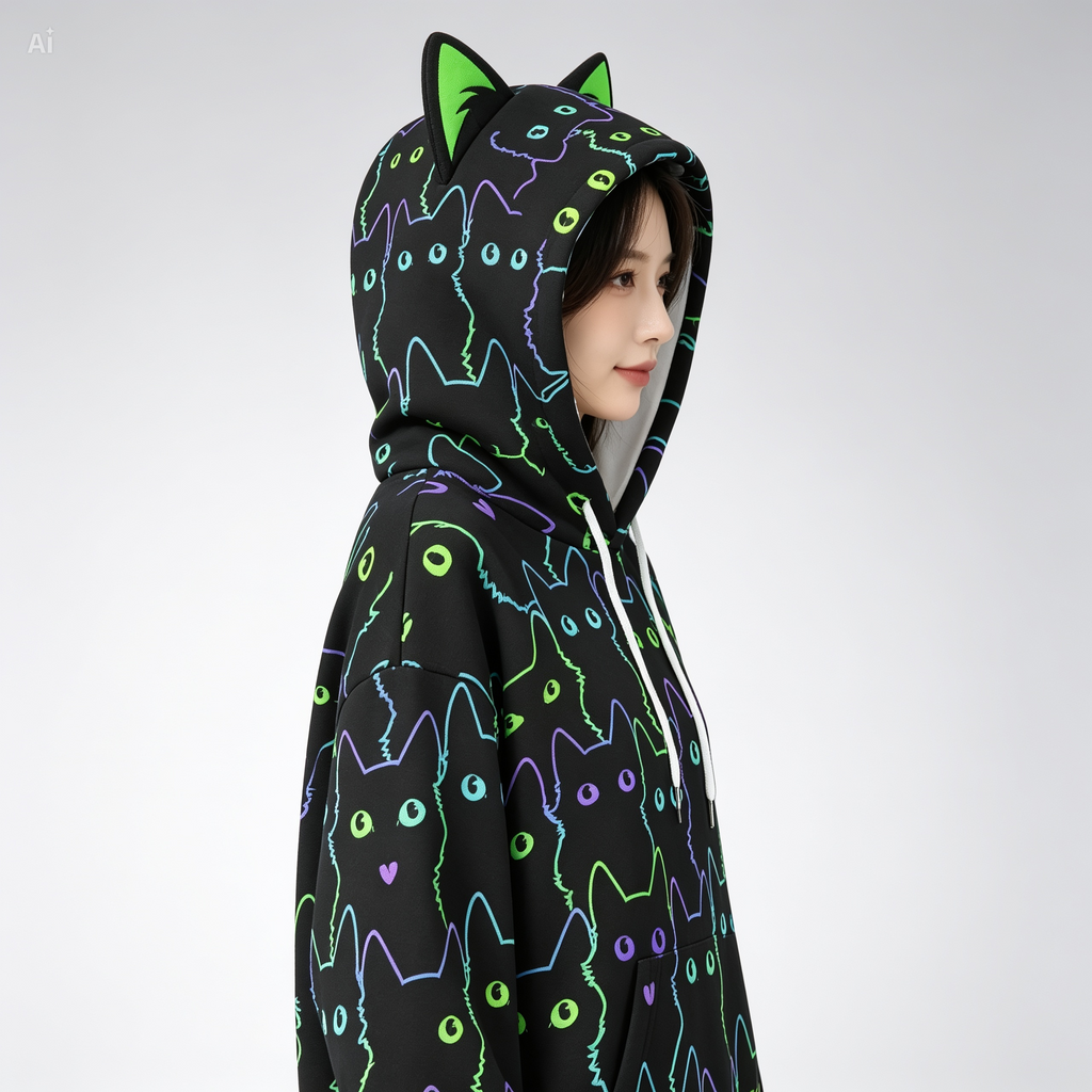 Neon Cat Print Hoodie for Women with Decorative Cat Ears - Black Scuba Pullover Sweatshirt