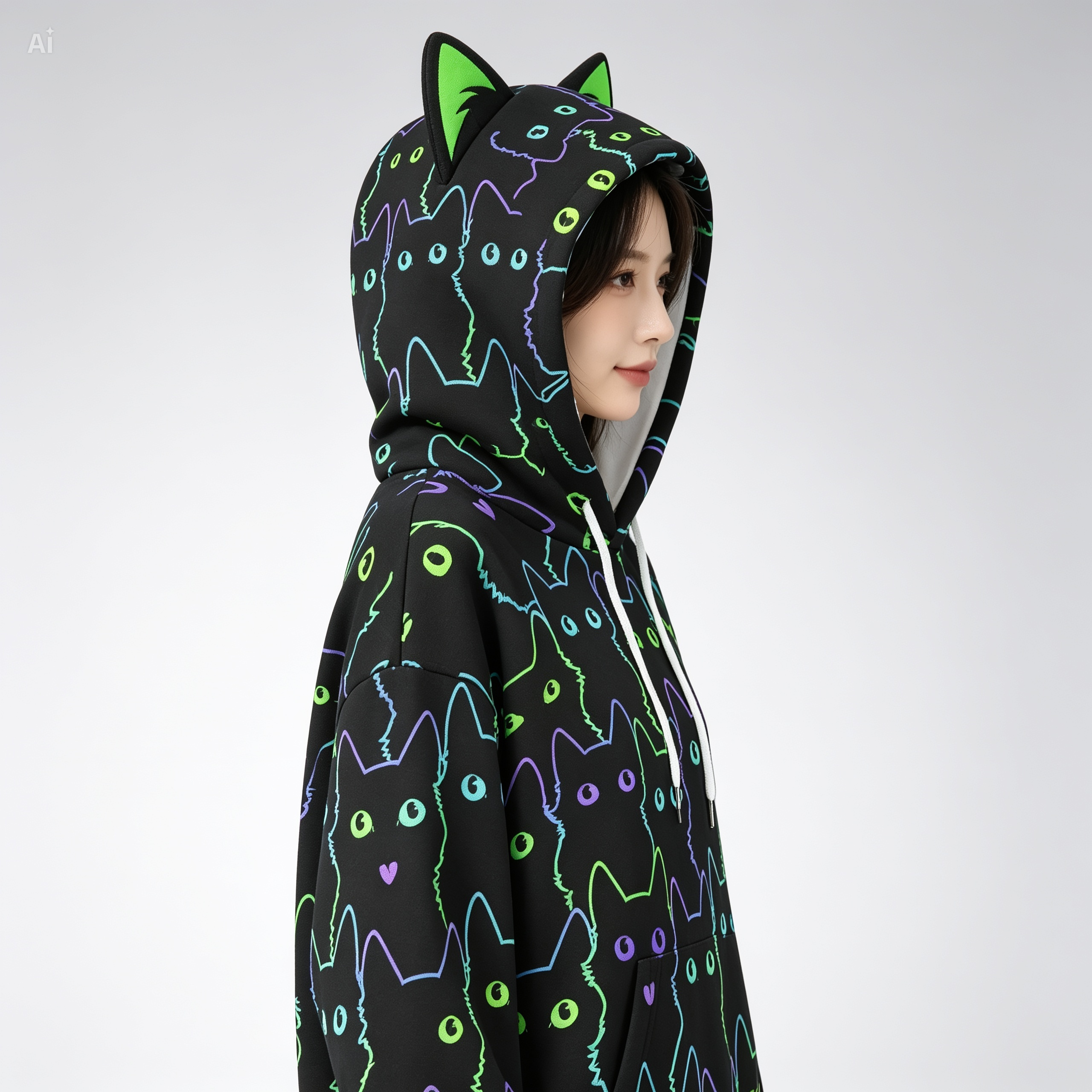 Neon Cat Print Hoodie for Women with Decorative Cat Ears - Black Scuba Pullover Sweatshirt