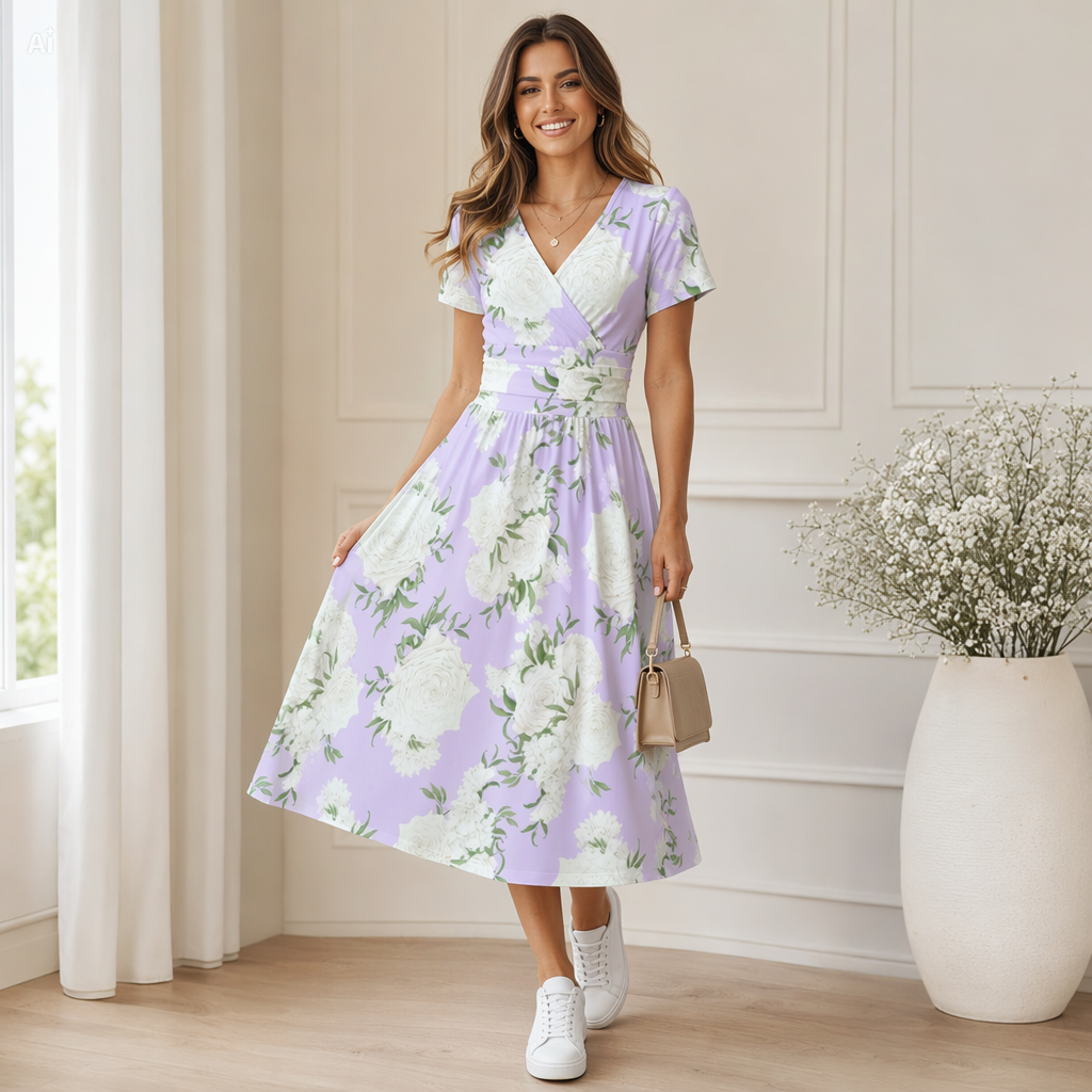 Lavender Floral V-Neck Midi Dress
