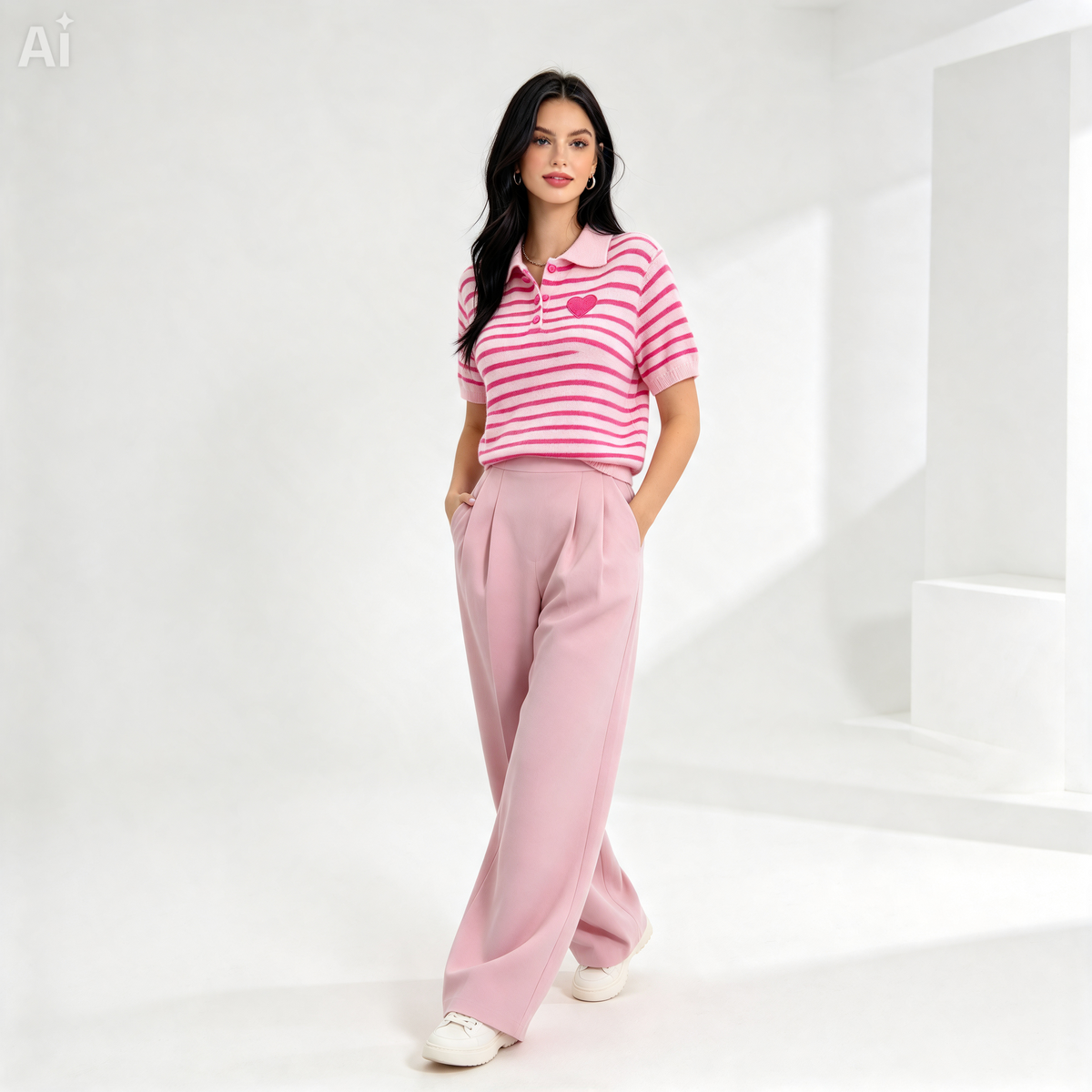 Pink Striped Knit Polo Shirt with Heart – Kawaii Preppy Short Sleeve Top