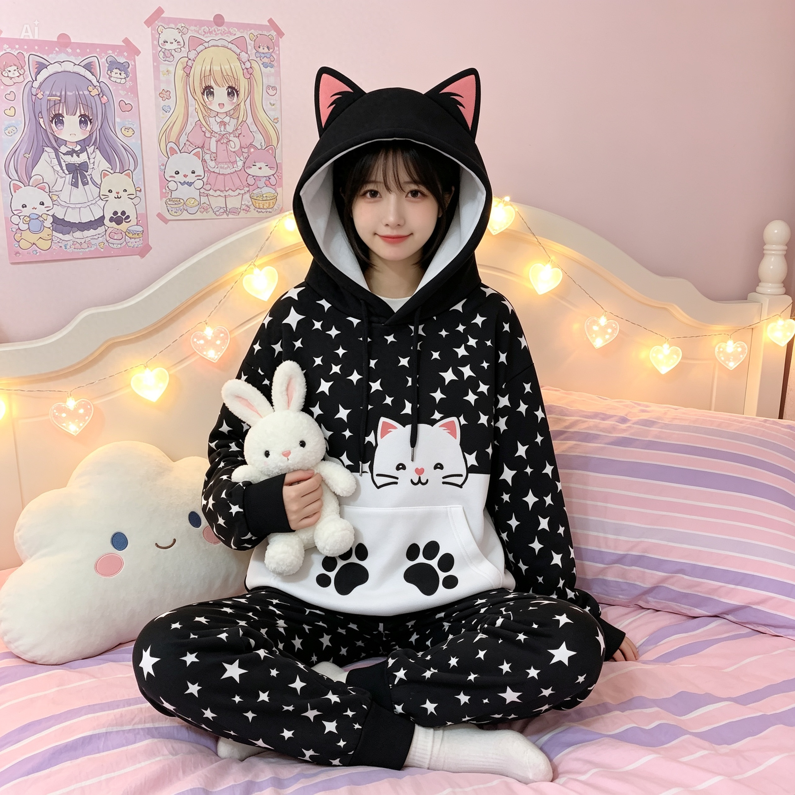 Cat Ear Hoodie – Kawaii Star Print Pullover with Paw Pocket