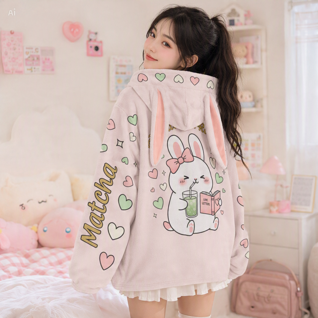 Iced Matcha Bunny Plush Pajama Hoodie