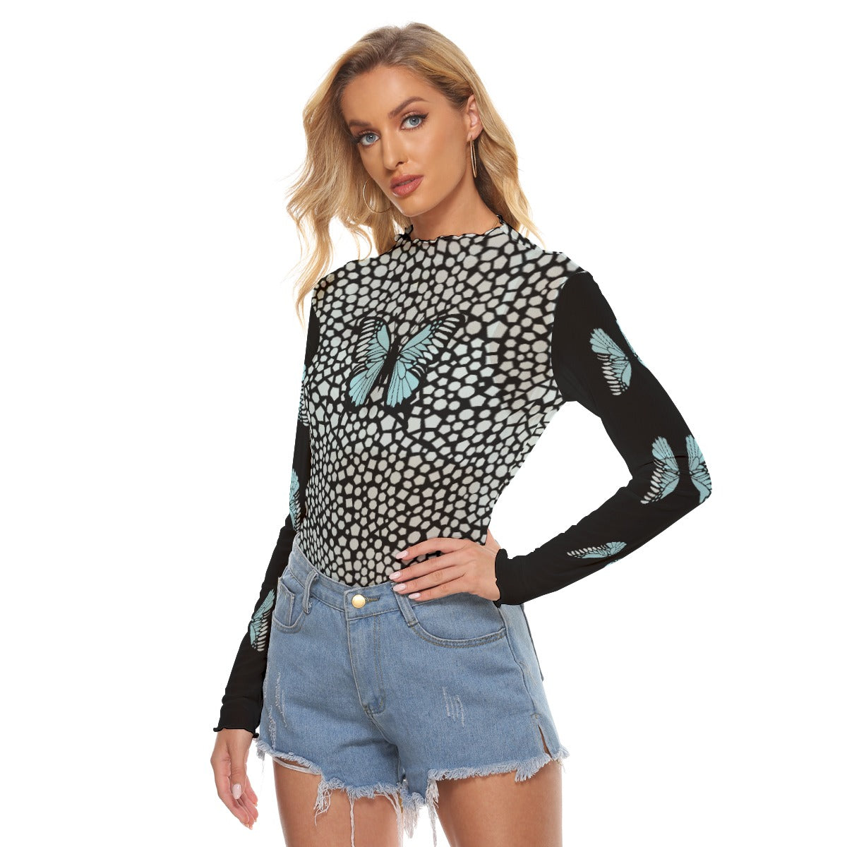 Blue Butterfly Mesh Crop Top - Long Sleeve Sheer Shirt for Women