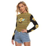 Women's Honeycomb Bee Mesh Long Sleeve Crop Top - Sexy Yellow Black Kawaii Aesthetic Shirt