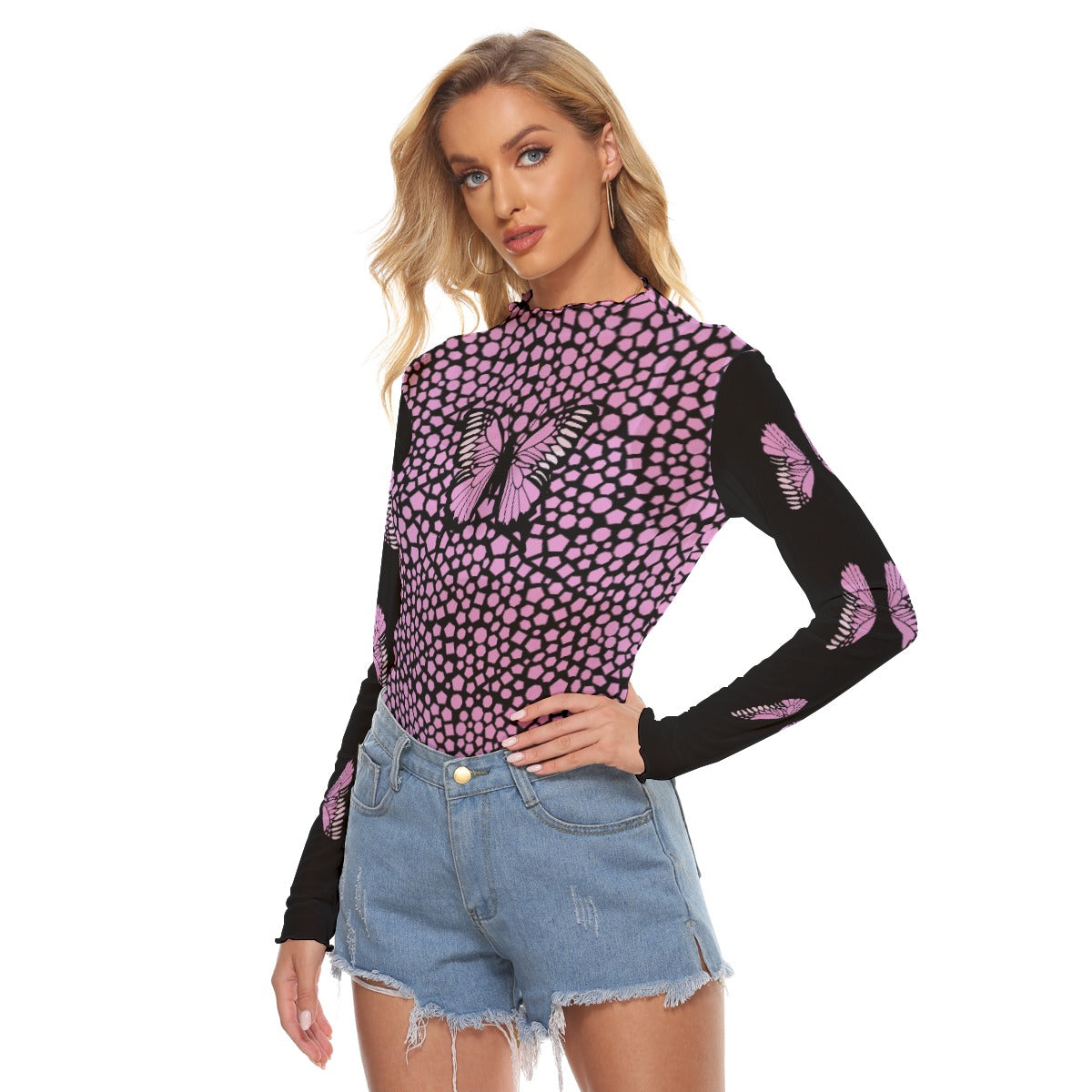 Kawaii Heaven Women's Mesh T-shirt - Pink Butterfly Mosaic Long Sleeve Crop Top