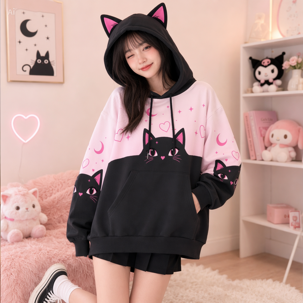 Pastel Pink Black Cat Ear Hoodie