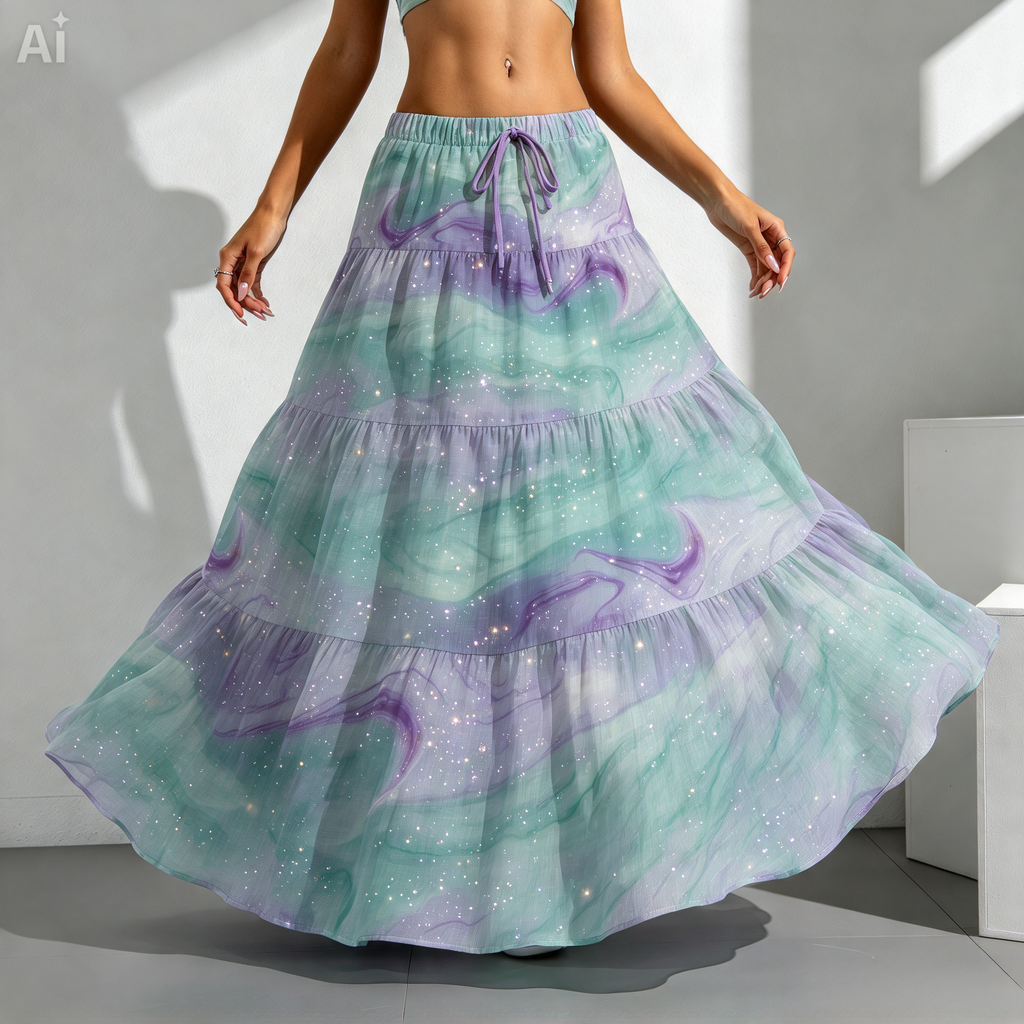 Pastel Galaxy Tiered Maxi Skirt