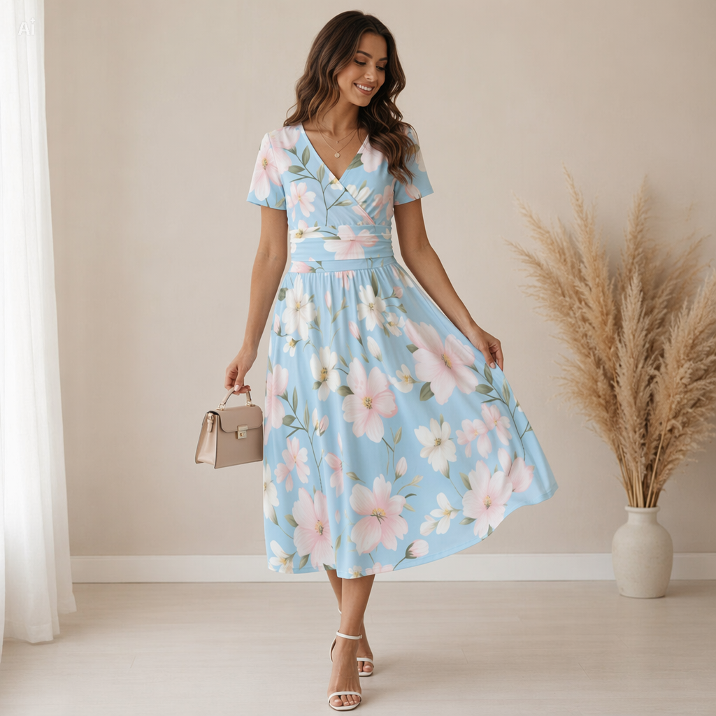Pastel Blue Floral V-Neck Midi Dress