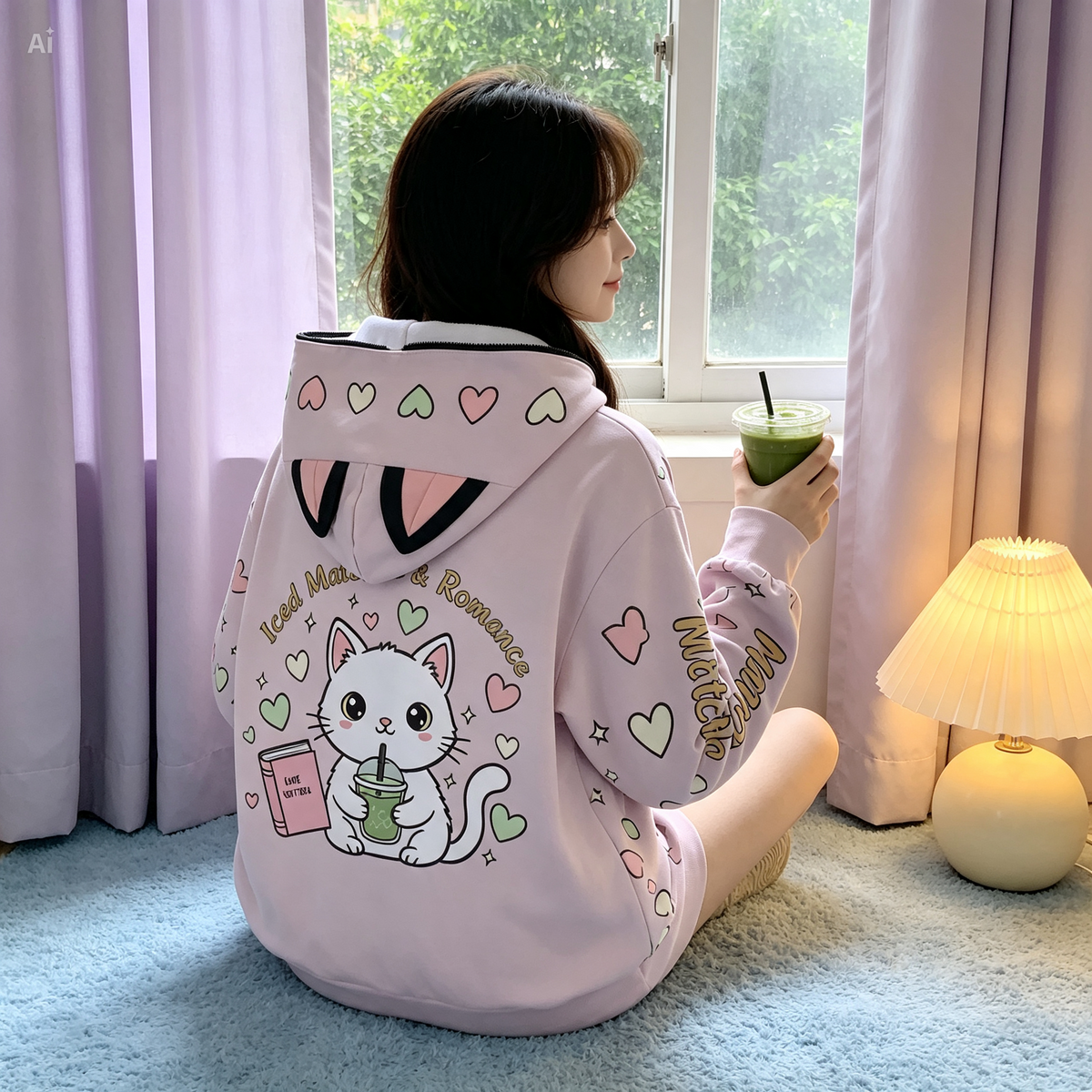 Matcha Reading Cat Ear Zip-Up Hoodie