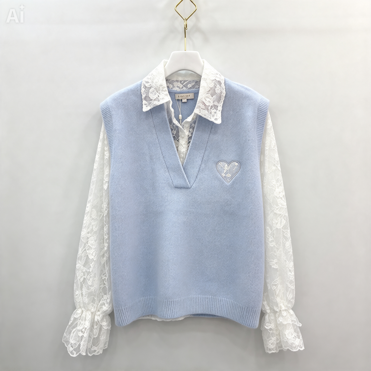 Blue Lace Sleeve Knit Sweater – Romantic Coquette Heart Detail Top