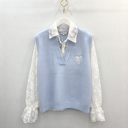Damen Pullover mit Spitzenärmeln & Kragen – Romantischer Strickpullover Blau