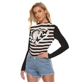 Black and White Striped Mesh Top – Women’s Butterfly Heart Long Sleeve