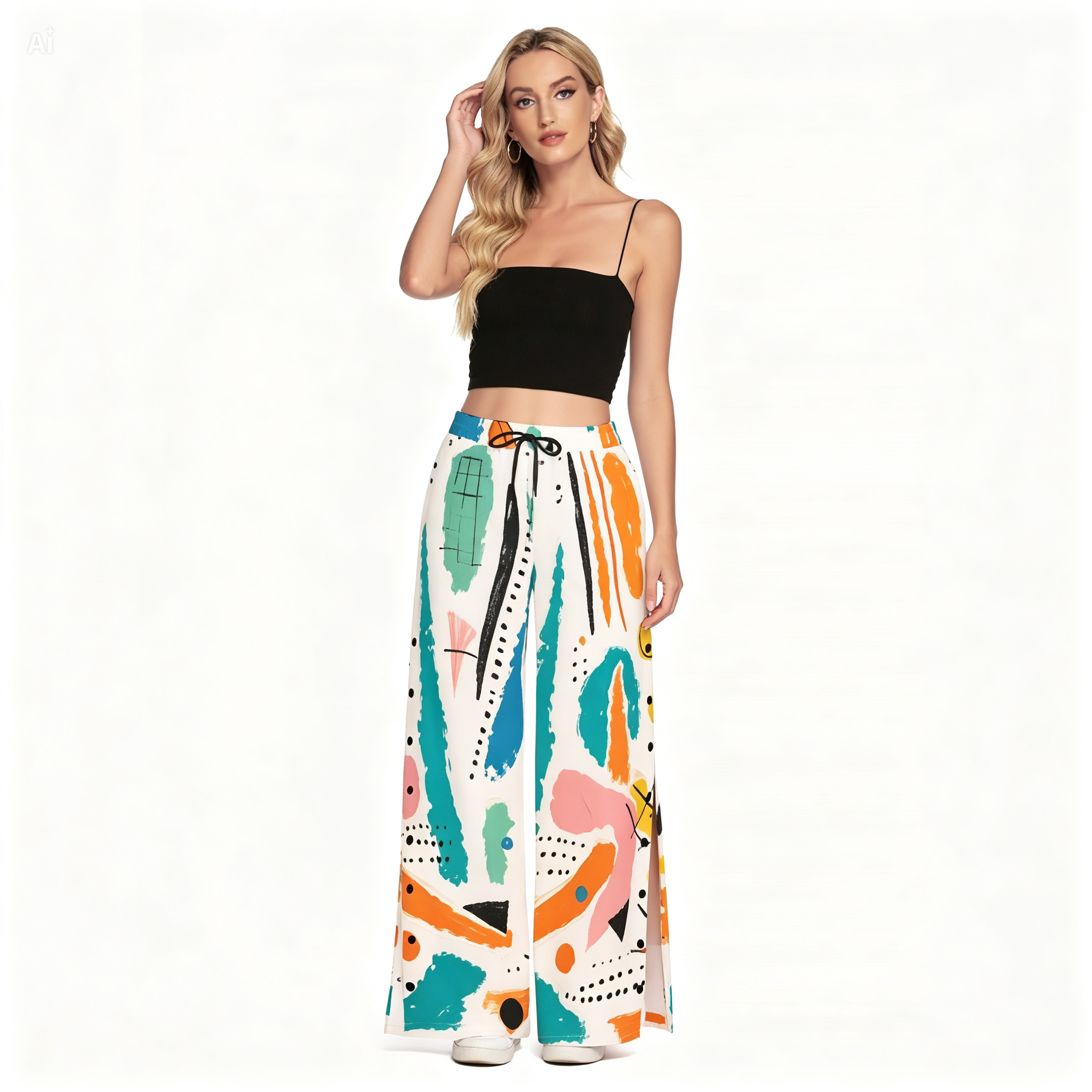 Abstract Side Slit Palazzo Pants – Colorful Wide Leg Snap Button Trousers