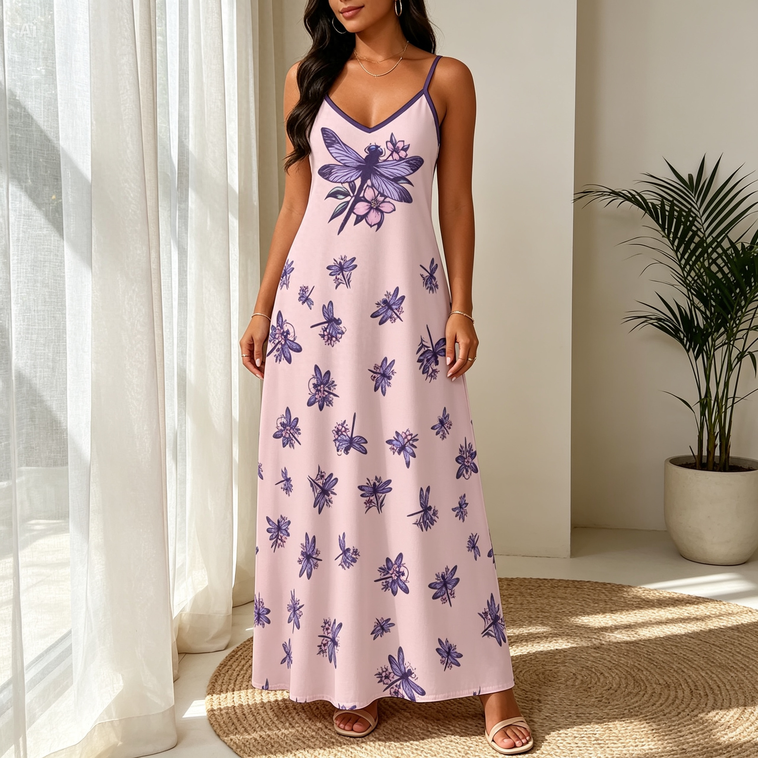 Purple Dragonfly Maxi Dress – Cottagecore Spaghetti Strap Summer Dress