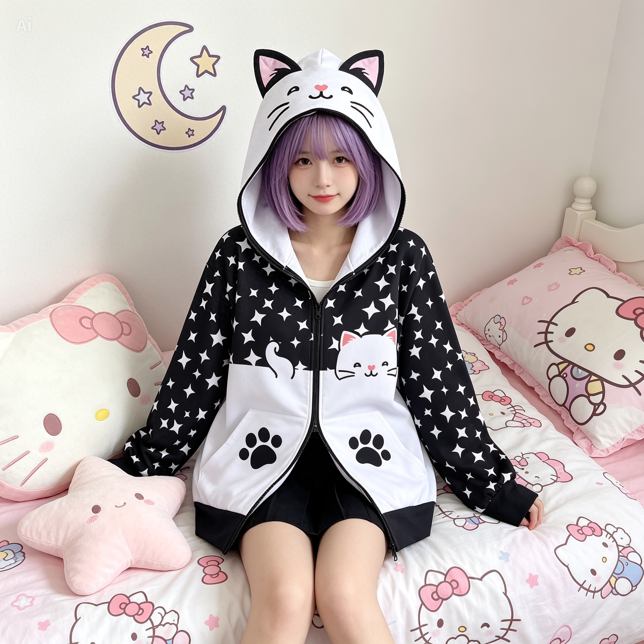 Cat Ear Zip Hoodie – Kawaii Star Print Jacket with Paw Pockets