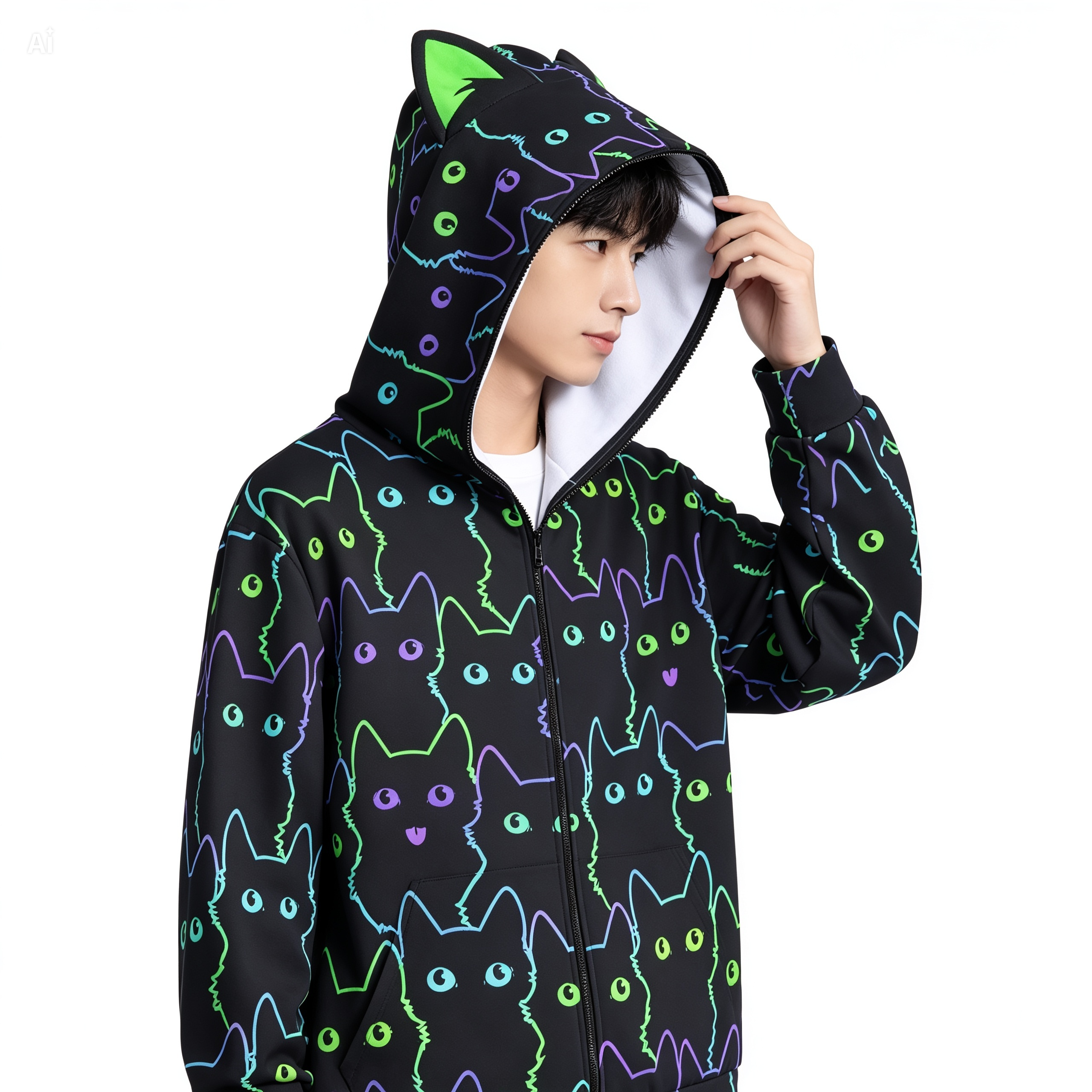 Neon Cat Print Zip-Up Hoodie with Cat Ears - Black Unisex Scuba Hooded Jacket
