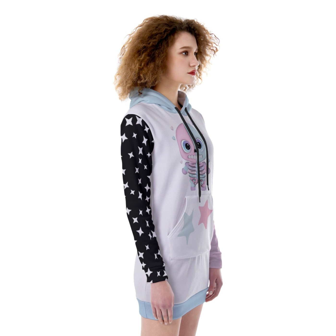 Kawaii Heaven Women's Heavy Fleece Long Hoodie with Pastel Skeleton & Star Print