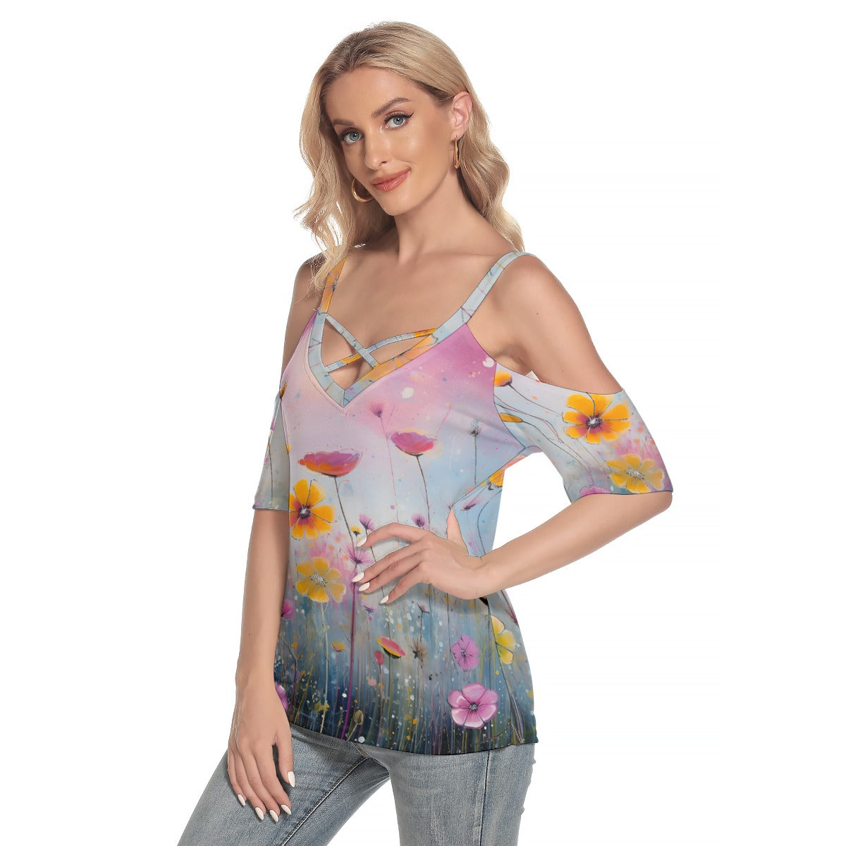 Kawaii Heaven Women's Floral Cold Shoulder Criss-Cross Tee - Summer Boho Top