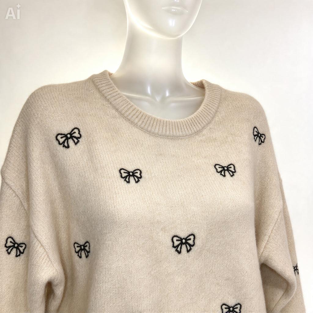 Cream Bow Knit Sweater – Fluffy Coquette Pullover with Black Embroidered Bows
