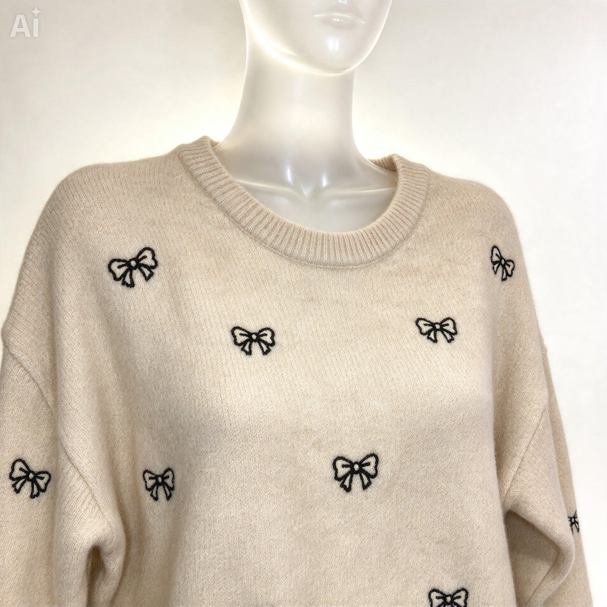 Cream Bow Knit Sweater – Fluffy Coquette Pullover with Black Embroidered Bows