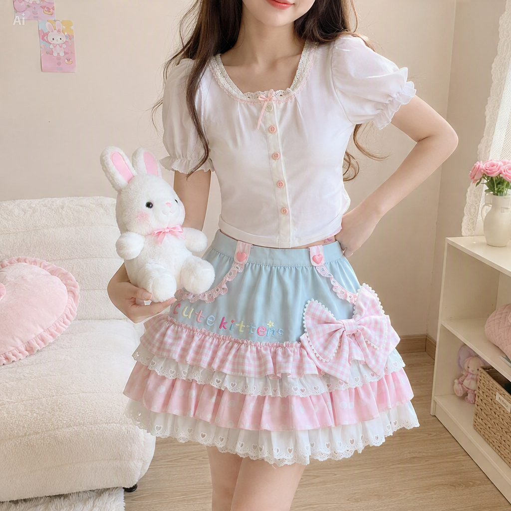 Blue Pink Harajuku Ruffle Skirt | Kawaii A-Line Mini Skirt