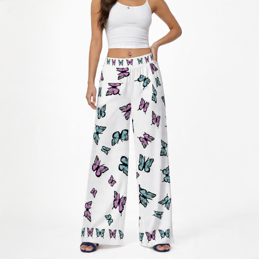 Pastel Butterfly Wide-Leg Palazzo Pants | 100% Rayon