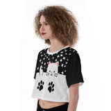 Cat Print Crop Top – Kawaii Star Pattern Short Sleeve T-Shirt