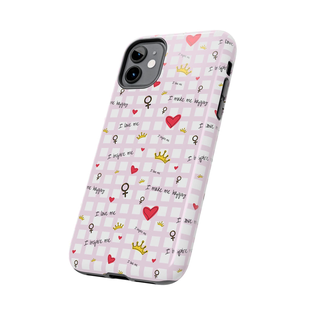 Cozy Hearts & Crowns Phone Case, Heart Design Protective Phone Cover, Crown Pattern Tough Case, Girly Phone Accessories, Valentine's Day