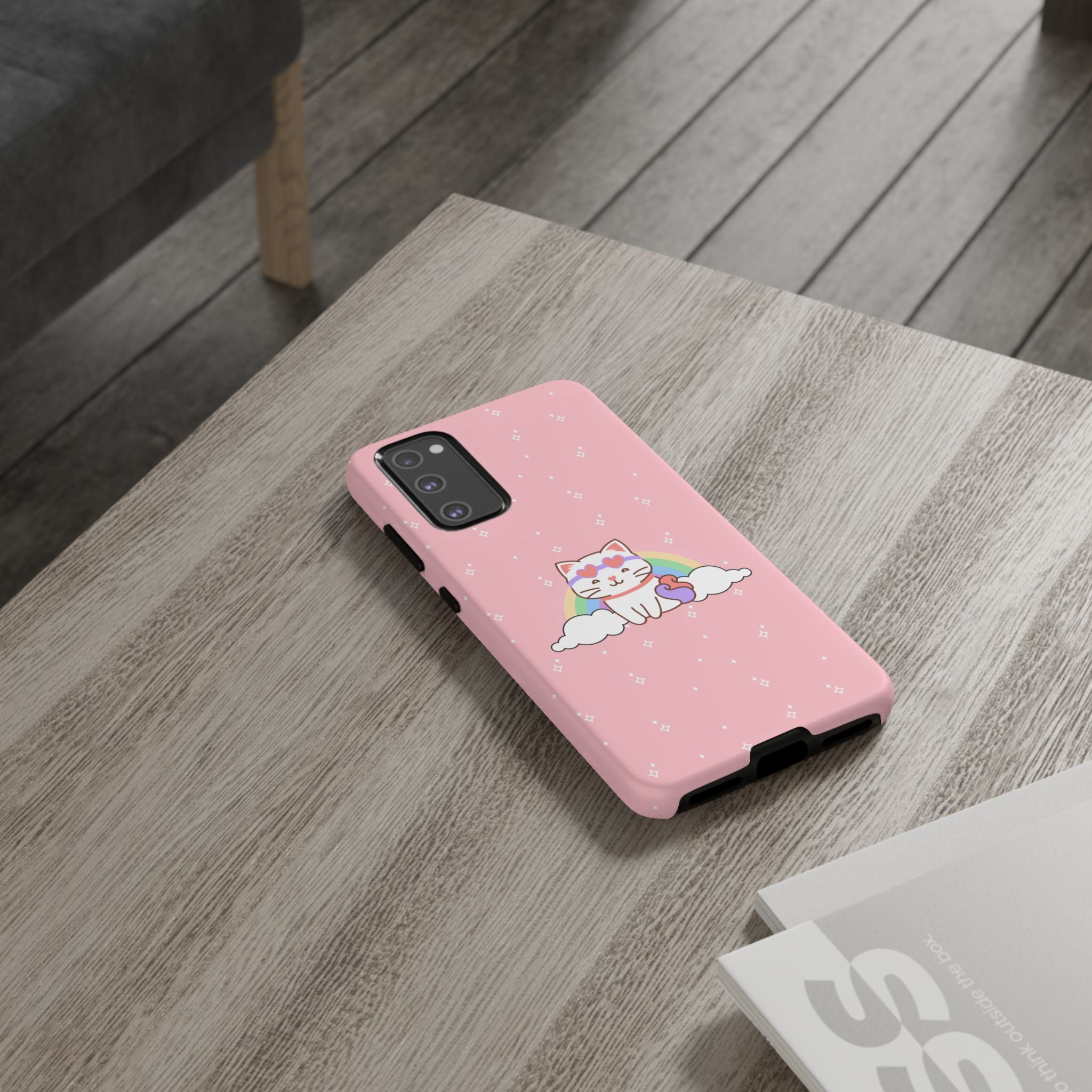 Kawaii Cat Rainbow Tough Cases, Cute Kitty Phone Cover, Protective Phone Case, Adorable Cat Lover Gift, Fun Rainbow Cat Phone Accessories