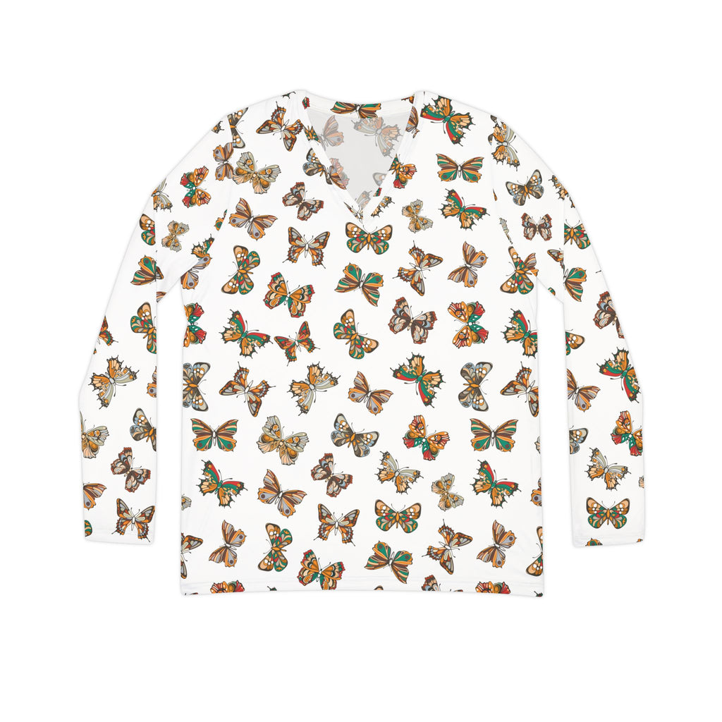 Butterflies Pattern Women's Long Sleeve V-neck Shirt - Floral Butterfly Tee, Spring Fashion Top, Nature Lover Gift, Cute Insect Print