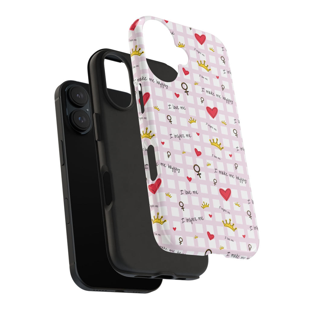 Cozy Hearts & Crowns Phone Case, Heart Design Protective Phone Cover, Crown Pattern Tough Case, Girly Phone Accessories, Valentine's Day