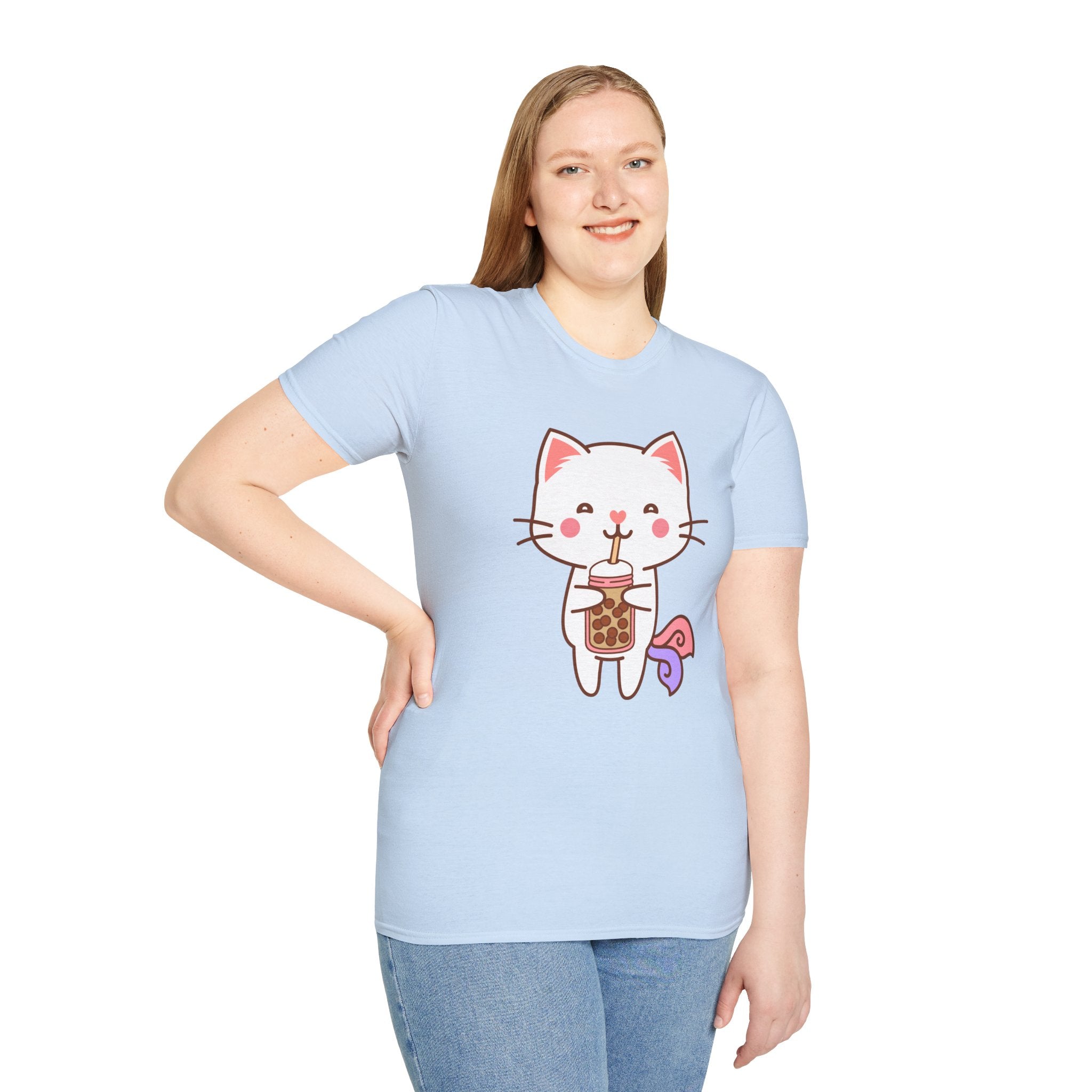 Cat Boba Tea Bubble Tea Anime Kawaii Neko Softstyle T-Shirt, Cute Japanese Kitty Drink Tee, Fun Cartoon Cat Lover Shirt, Trendy