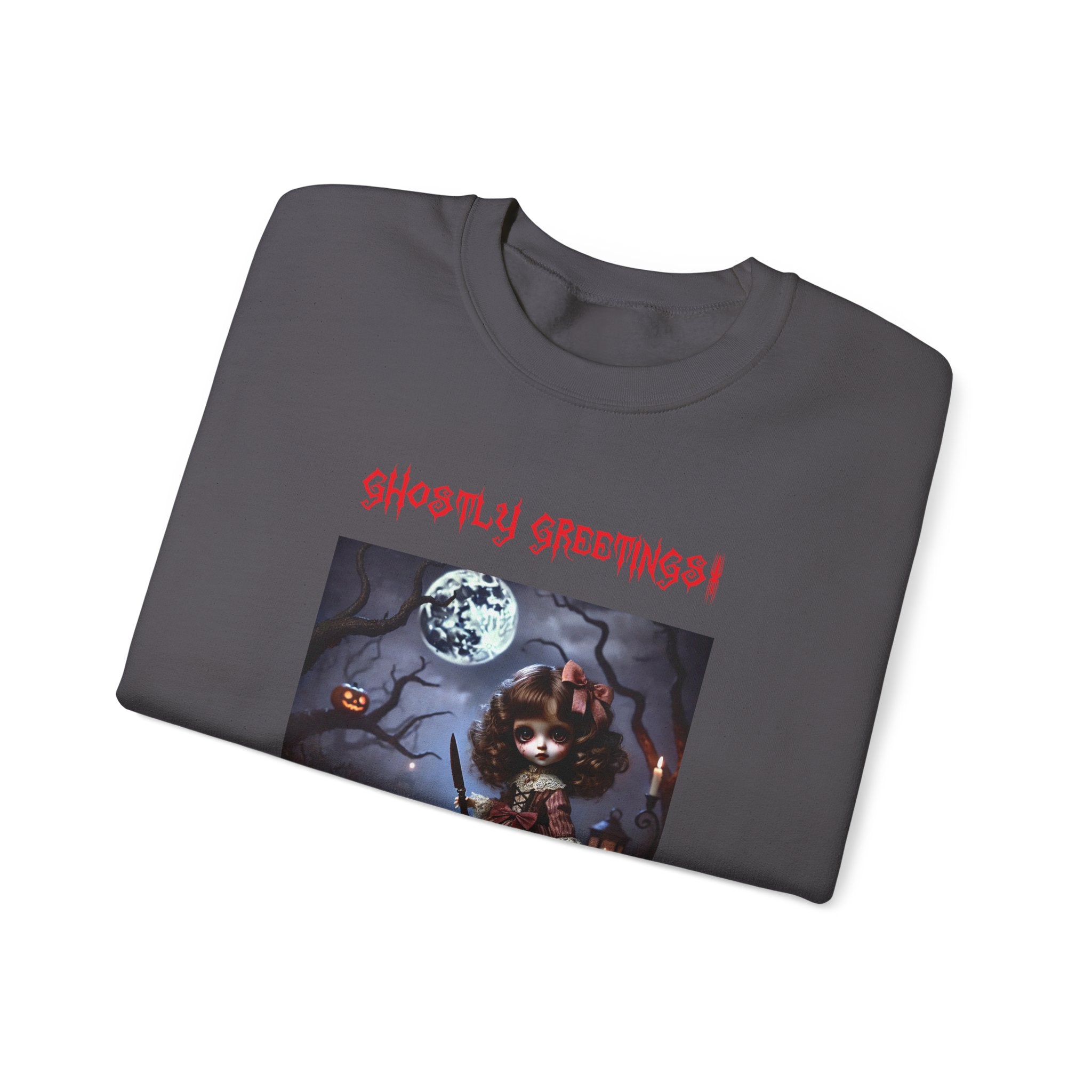 Halloween Doll With a Mix of Scary and Sweet Unisex Heavy Blend™ Crewneck Sweatshirt