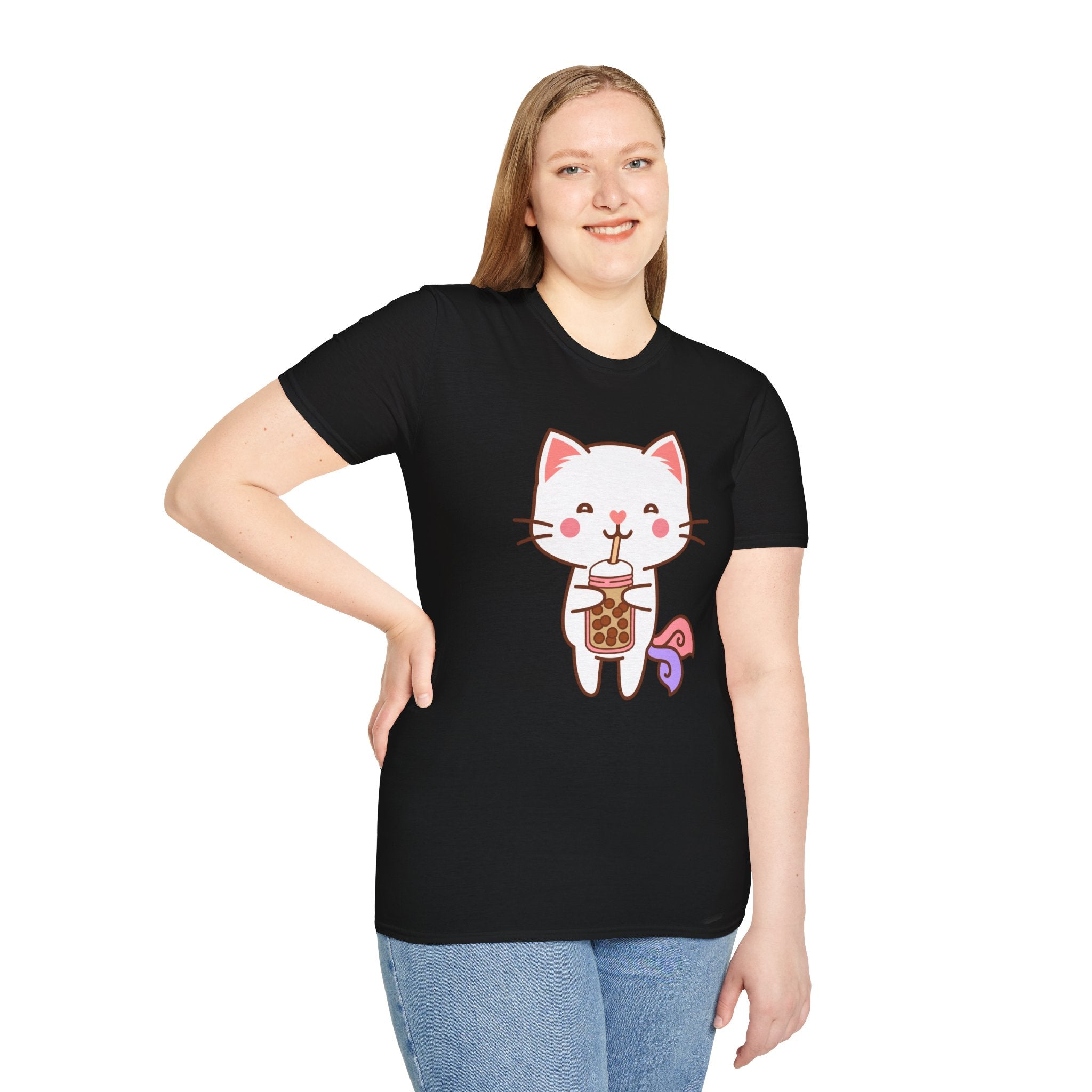 Cat Boba Tea Bubble Tea Anime Kawaii Neko Softstyle T-Shirt, Cute Japanese Kitty Drink Tee, Fun Cartoon Cat Lover Shirt, Trendy