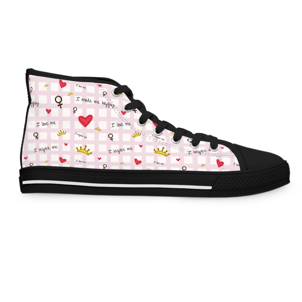 Cozy Hearts & Crowns High Top Sneakers for Women - Cute Heart Patterned Sneaker Shoes, Comfy Crown Design, Best Gift for Her, Trendy Casual