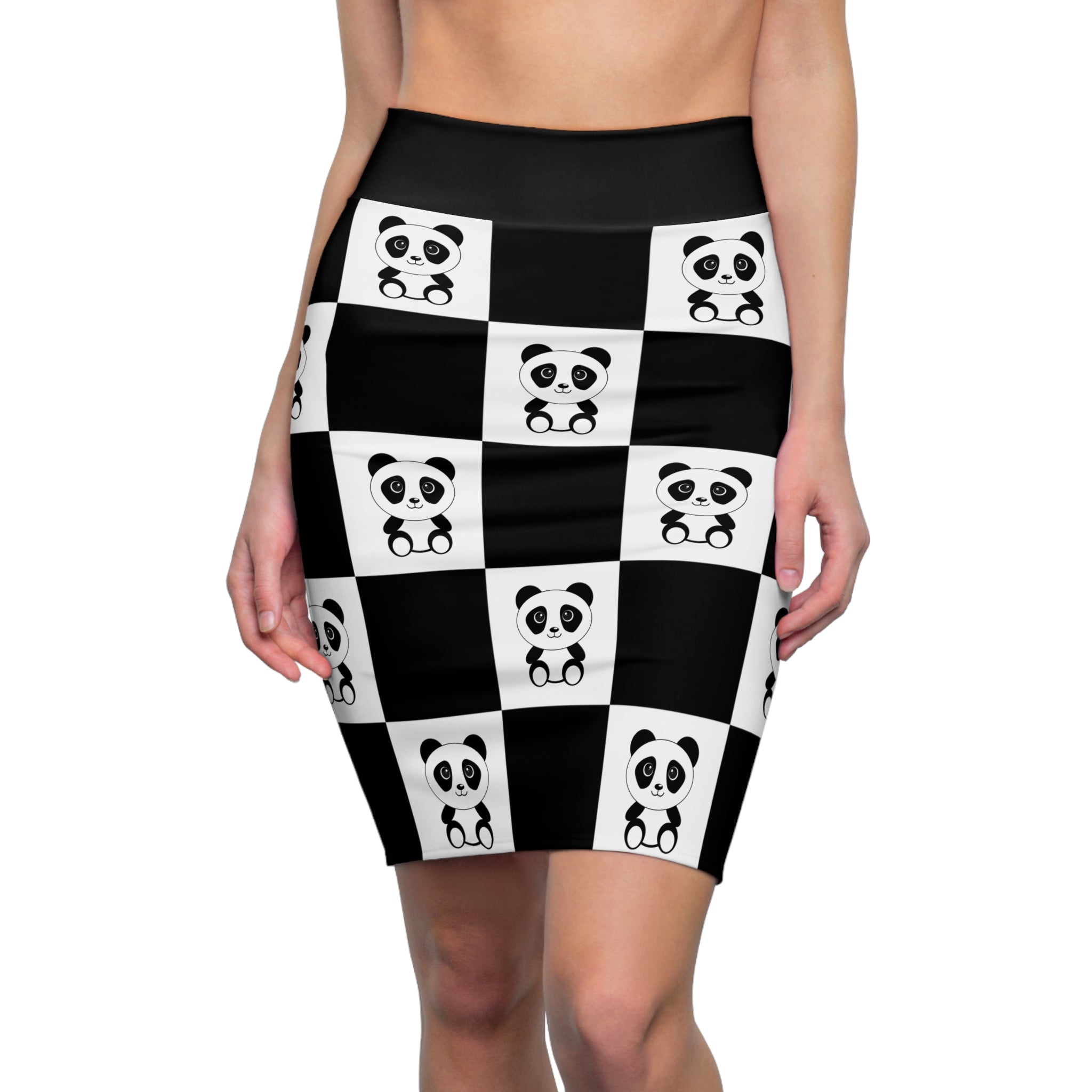 Chessboard with Cute Panda Women's Pencil Skirt, Chess Lover Outfit, Panda Lover Gift, Women's Fashion, Cute Animal Print Skirt