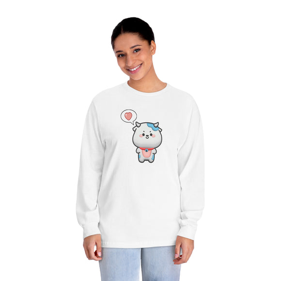 Kawaii Cow Woman Long Sleeve T-Shirt, Cute Cow Lady Tee, Funny Animal Lover Shirt, Adorable Farm Animal Top, Women's Graphic Tee