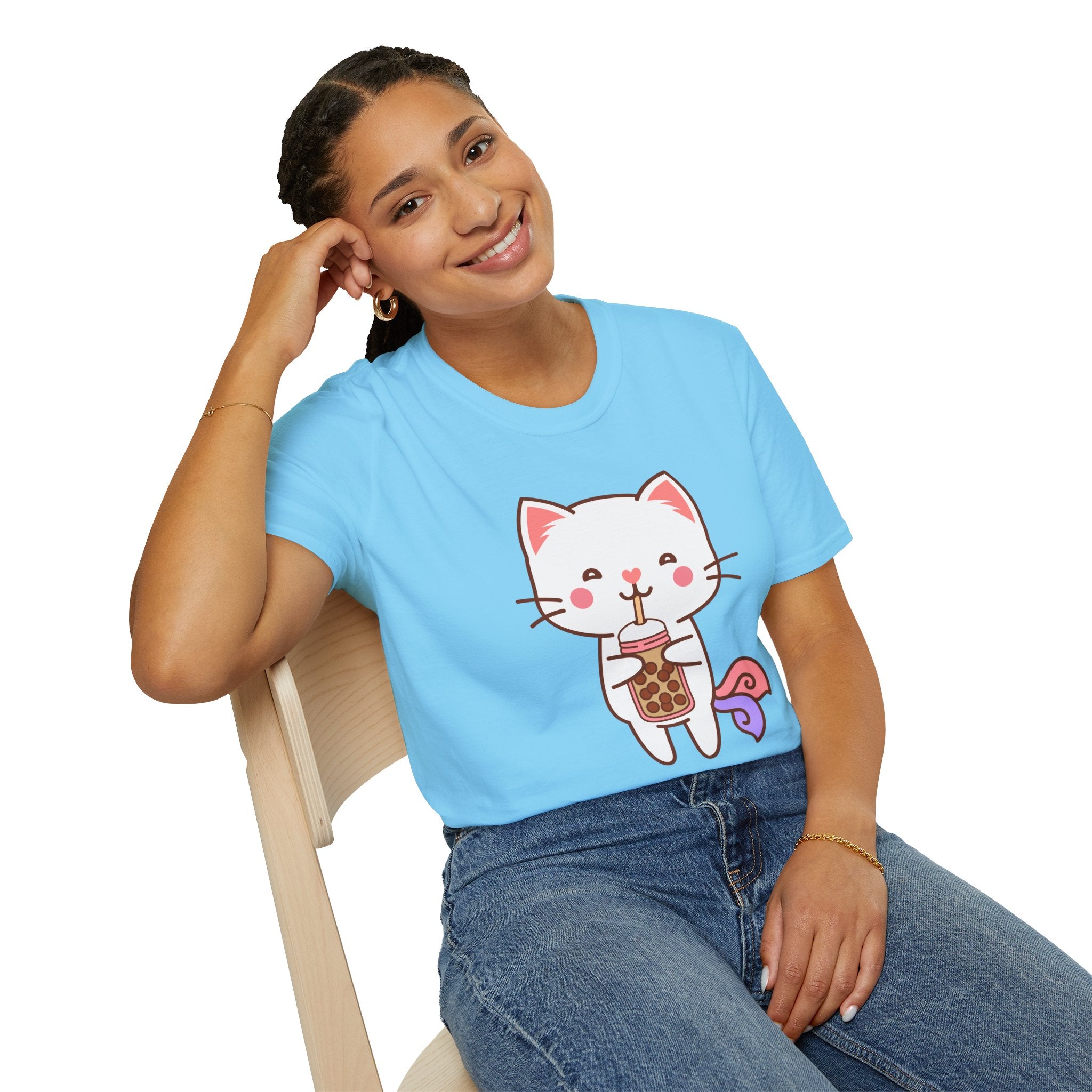 Cat Boba Tea Bubble Tea Anime Kawaii Neko Softstyle T-Shirt, Cute Japanese Kitty Drink Tee, Fun Cartoon Cat Lover Shirt, Trendy