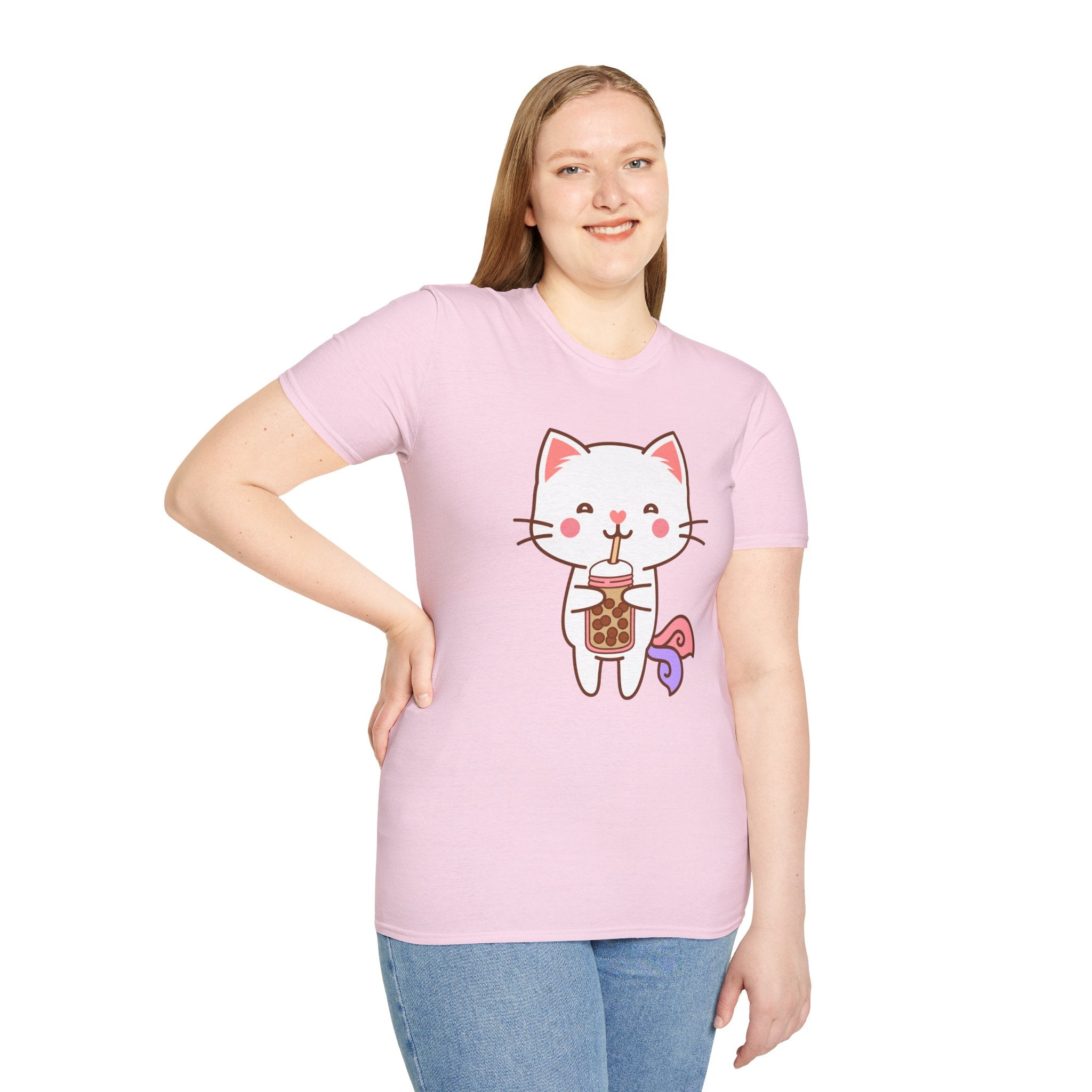 Cat Boba Tea Bubble Tea Anime Kawaii Neko Softstyle T-Shirt, Cute Japanese Kitty Drink Tee, Fun Cartoon Cat Lover Shirt, Trendy