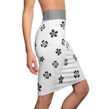 Skull Flower Heart Women's Pencil Skirt, Floral Goth Midi Skirt, Alternative Clothing, Black Lace Printed Skirt, Day of the Dead Fashion