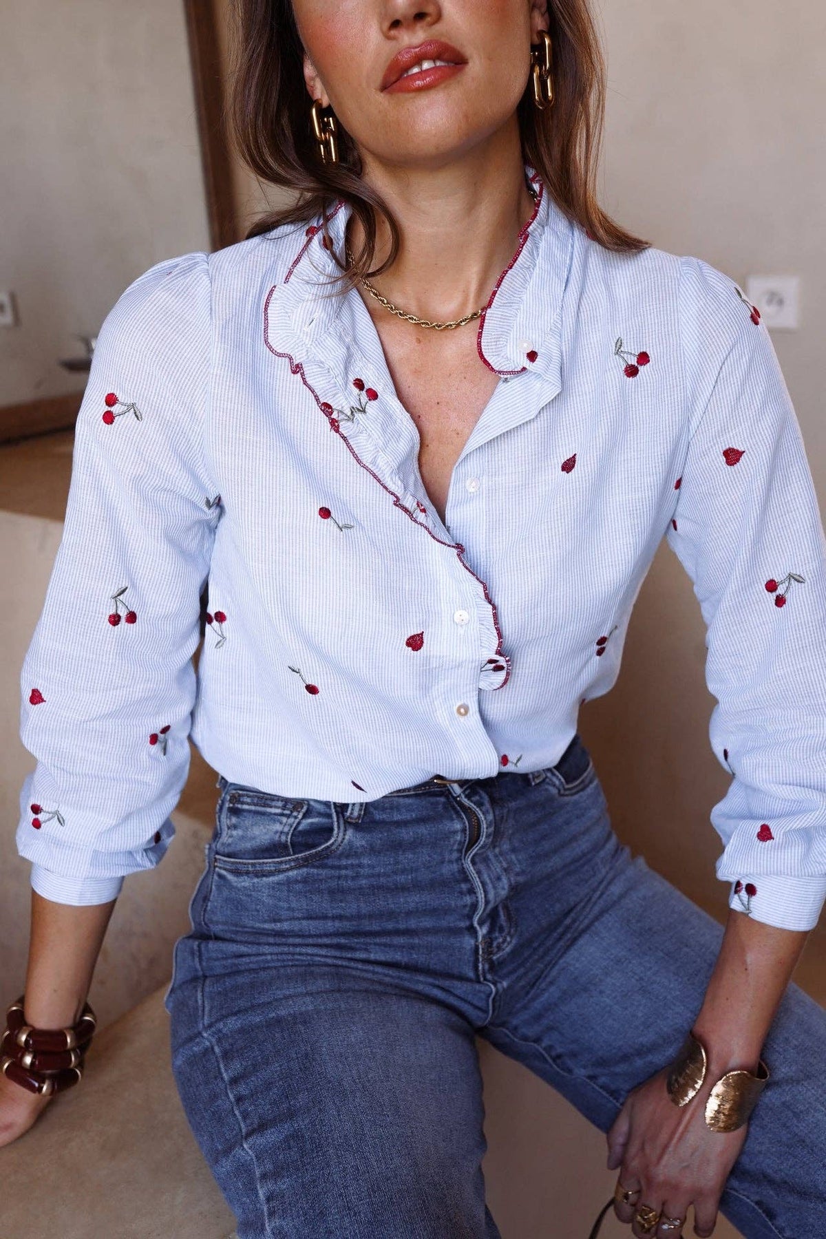 Kalyne Cherry Embroidered Blouse | Blue Striped Ruffle Shirt