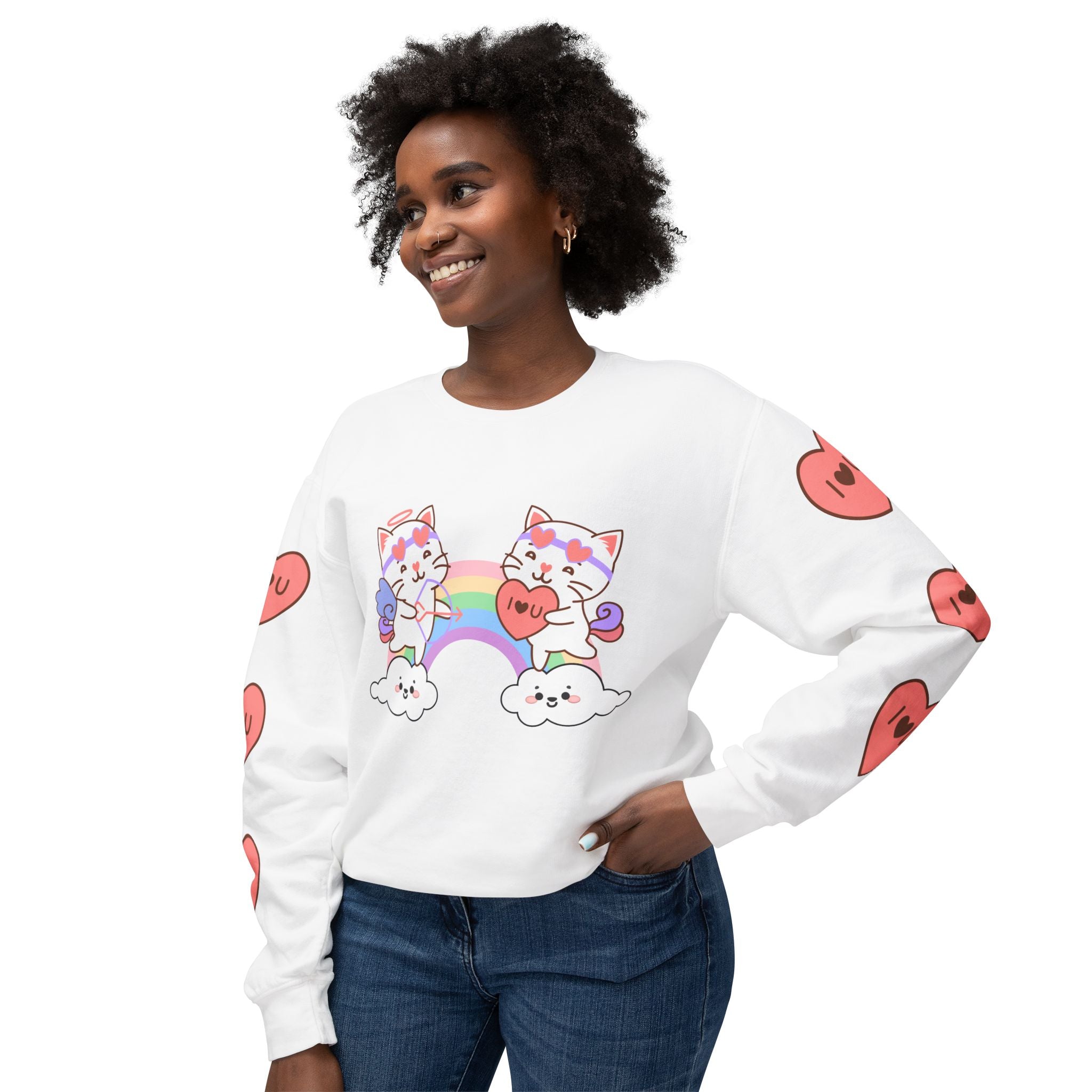 Cupido Cat Rainbow Sweatshirt, Lightweight Crewneck Jumper, Heart Love Gift, I Love You Clothing