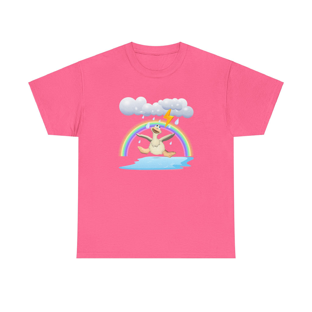 Crazy duck in rainy weather with rainbows and lightning Heavy Cotton Tee