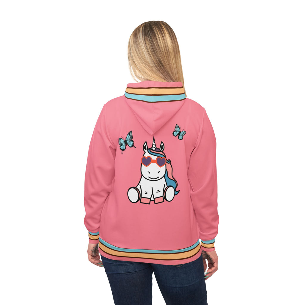 Kawaii Unicorn with Butterflies Pink Athletic Hoodie - Cute Unicorn Sweatshirt, Magical Creatures Pullover, Fantasy Jacket, Fun Workout