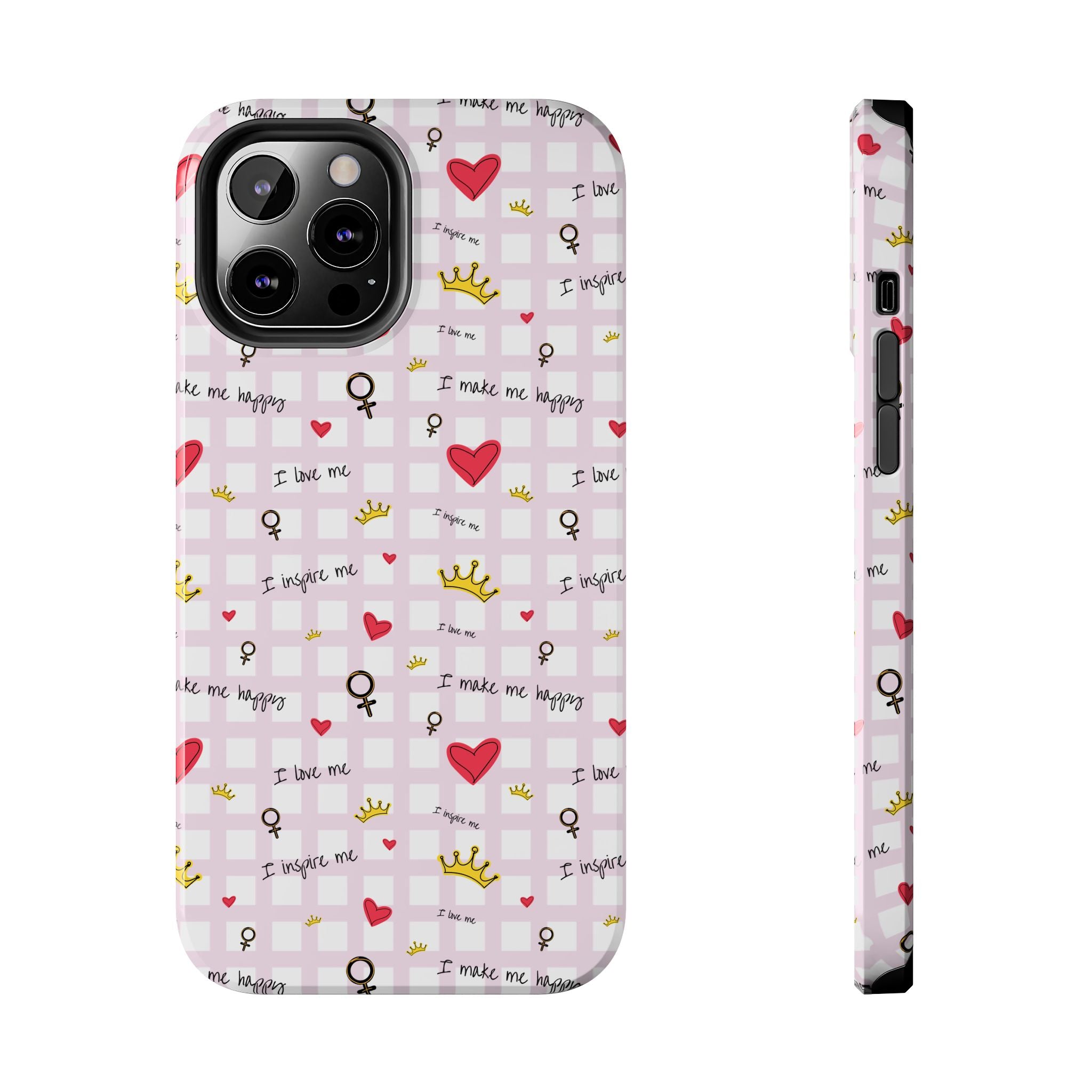 Cozy Hearts & Crowns Phone Case, Heart Design Protective Phone Cover, Crown Pattern Tough Case, Girly Phone Accessories, Valentine's Day
