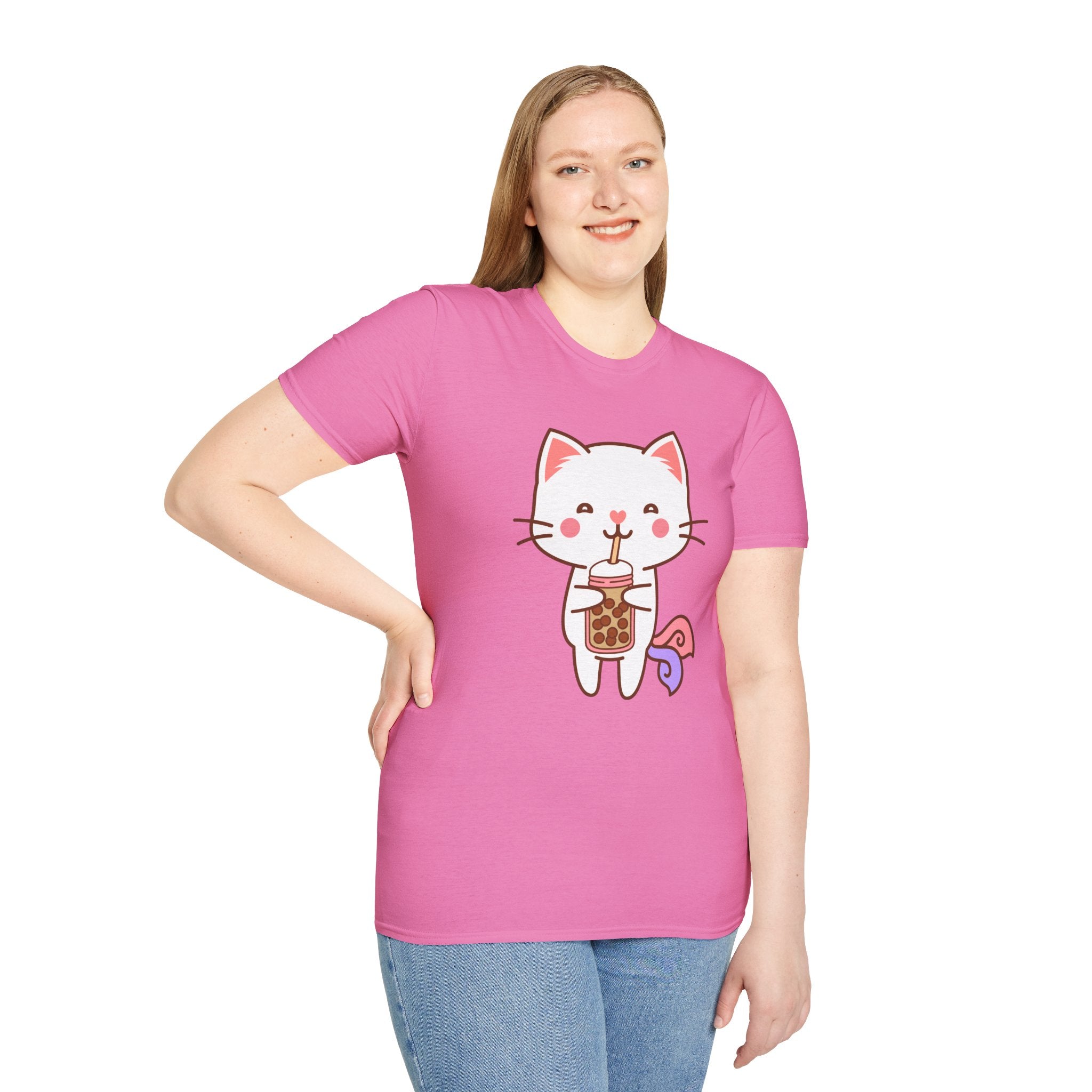 Cat Boba Tea Bubble Tea Anime Kawaii Neko Softstyle T-Shirt, Cute Japanese Kitty Drink Tee, Fun Cartoon Cat Lover Shirt, Trendy
