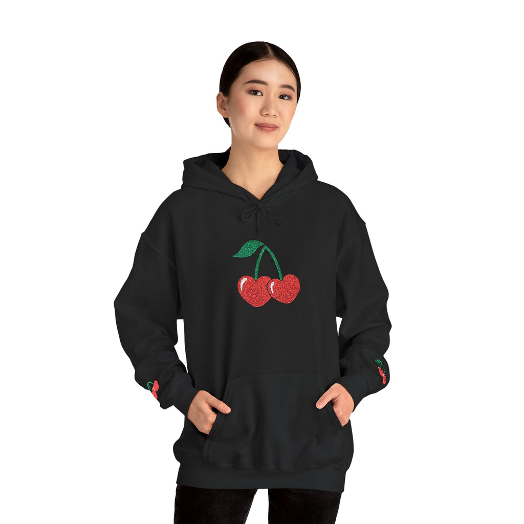 Cherry Heart Embroidered Hoodie — Heart Cherry Graphic Hooded Sweatshirt