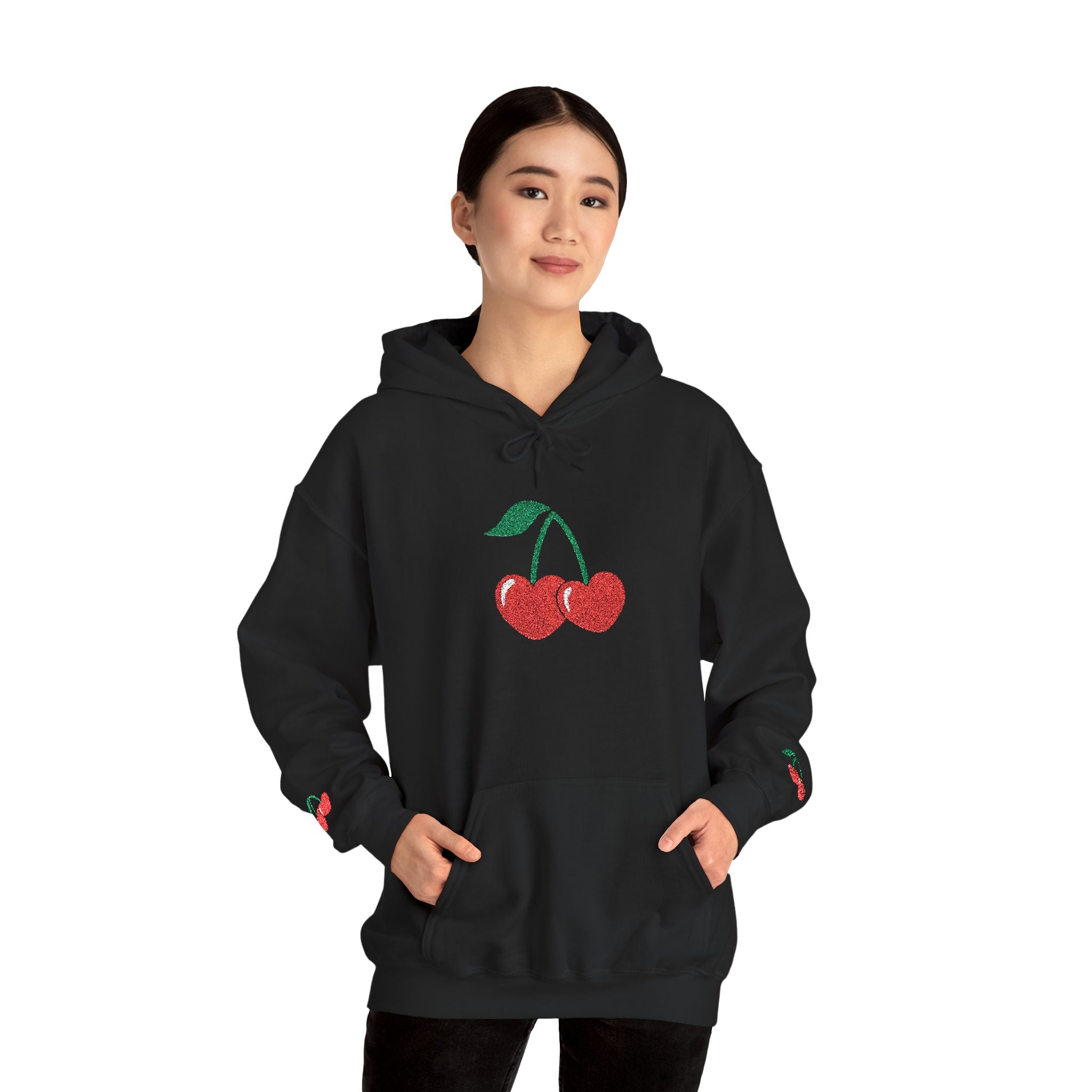 Cherry Heart Embroidered Hoodie — Heart Cherry Graphic Hooded Sweatshirt