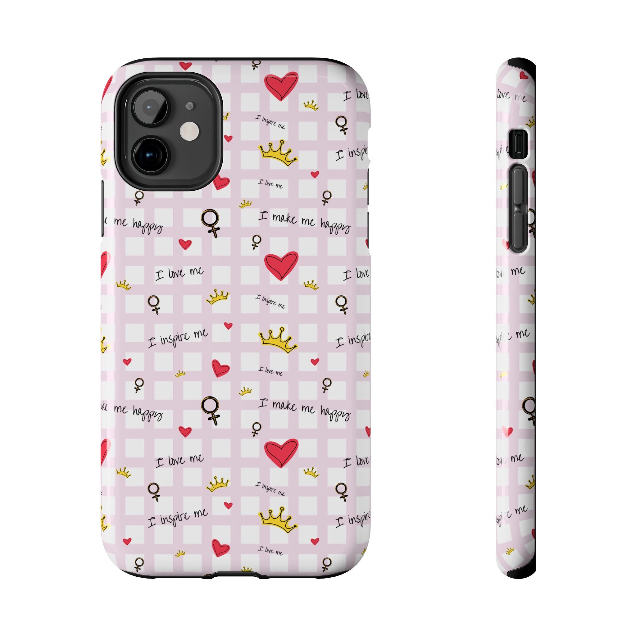 Cozy Hearts & Crowns Phone Case, Heart Design Protective Phone Cover, Crown Pattern Tough Case, Girly Phone Accessories, Valentine's Day
